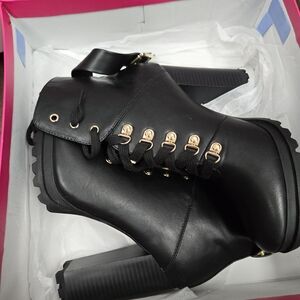 Shoe Dazzle Black Ankle Boots with Gold Details